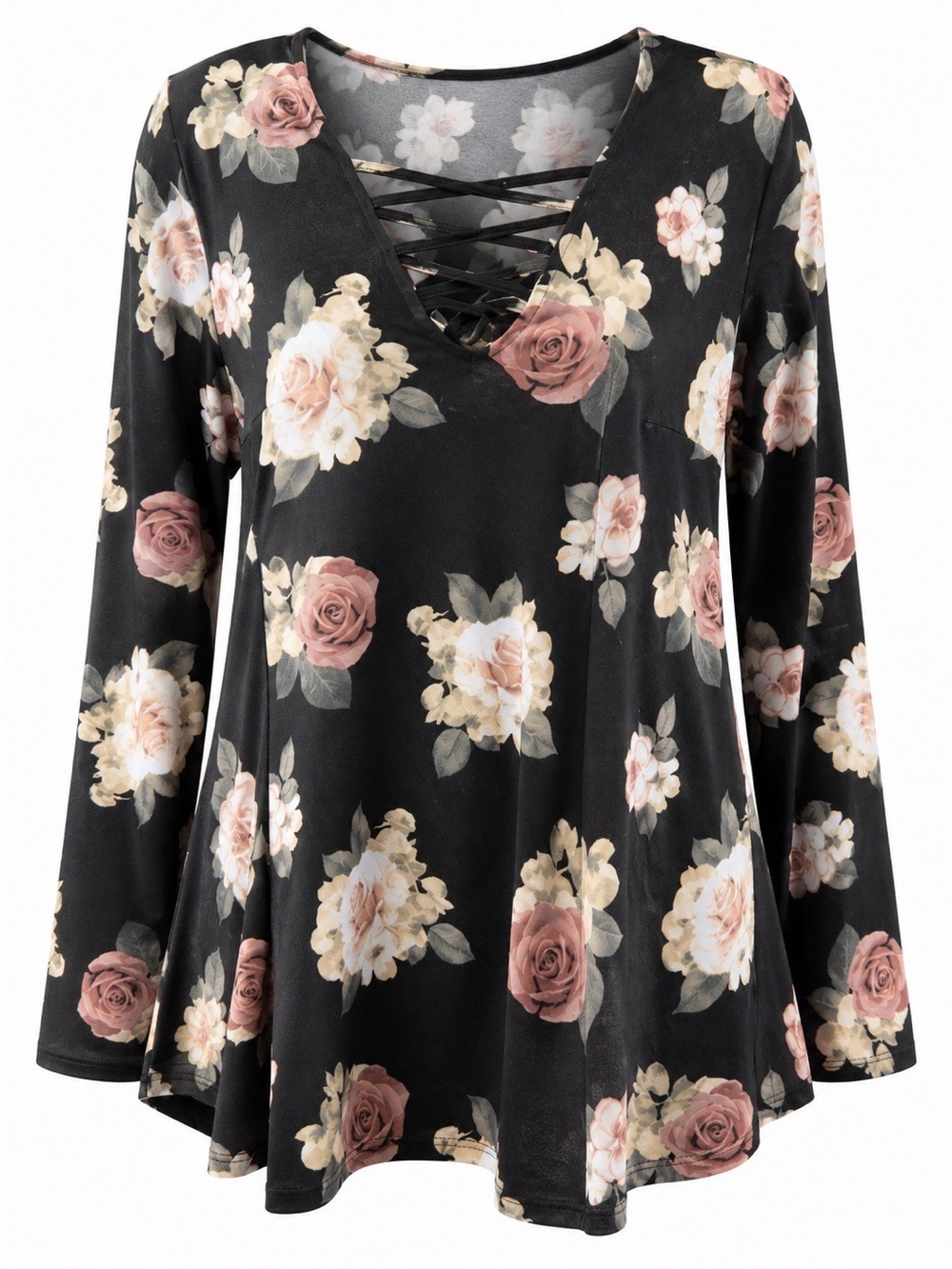 •Ardene Floral Lace-Up Long Sleeve Top Black Pink Rose Print Women’s | Large - Picture 2 of 11